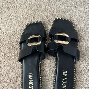 Jason Wu Black Slide Sandals with Gold Buckle